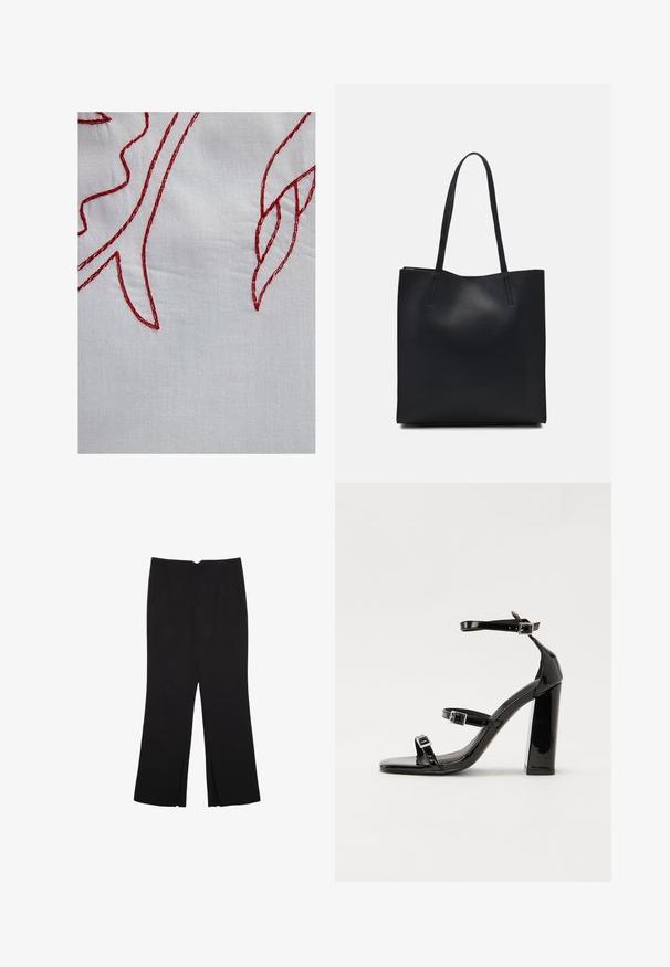Bela tkanina s rdečimi vezeninami, ki prikazuje listnate oblike z različnimi šivi in teksturiranim zaključkom.; Črne hlače ravnega kroja z naglavnimi žepi in stranskimi razporki na robu. Narejene iz mehke, gladke tkanine. Primerne za različne priložnosti.; Črne lakirane sandale s peto, kvadratnim prstom, trakovi okrog gležnja in srebrnimi zaponkami. Opremljene so s stabilno Debelo peto.; Črna usnjena torba s svilnato teksturo, pravokotne oblike in dvema dolgima ročajema. Brez vidnih metalnih delov ali okrasnih elementov.