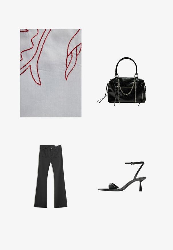 Witte stof met rode geborduurde details, die loofvormen weergeeft met verschillende steekpatronen en een textuurafwerking.; Zwarte flared jeans van denim met een gladde textuur, voorzien van twee achterzakken en een knoopsluiting bij de taille.; Bershka Sandalen met hoge hak - black; Bershka WITH CHAIN - Handtas - black