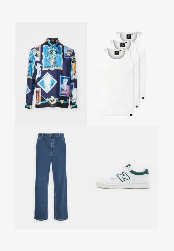 Versace INFORMAL GALLERY - Πουκάμισο - ink blue/black/multicolor; Τρία λευκά ριμπ μπλουζάκια από βαμβάκι. Διαθέτουν στρογγυλή λαιμόκοψη και μικρές μαύρες ετικέτες κοντά στο στρίφωμα. Διαθέσιμα σε πολλές μεγεθύνσεις.; Μπλε τζιν παντελόνι με ίσια γραμμή, σχέδιο πέντε τσεπών, κλείσιμο με μεταλλικό κουμπί και εμφανή ραφή κατά μήκος των ραφών και του περιθωρίου.; Λευκό sneakers με πράσινες λεπτομέρειες, δερμάτινη επένδυση, τρύπες στη μύτη, κούμπωμα με κορδόνια και υφασμένο καουτσούκ στη σόλα. Έχει το χαρακτηριστικό λογότυπο "Ν".