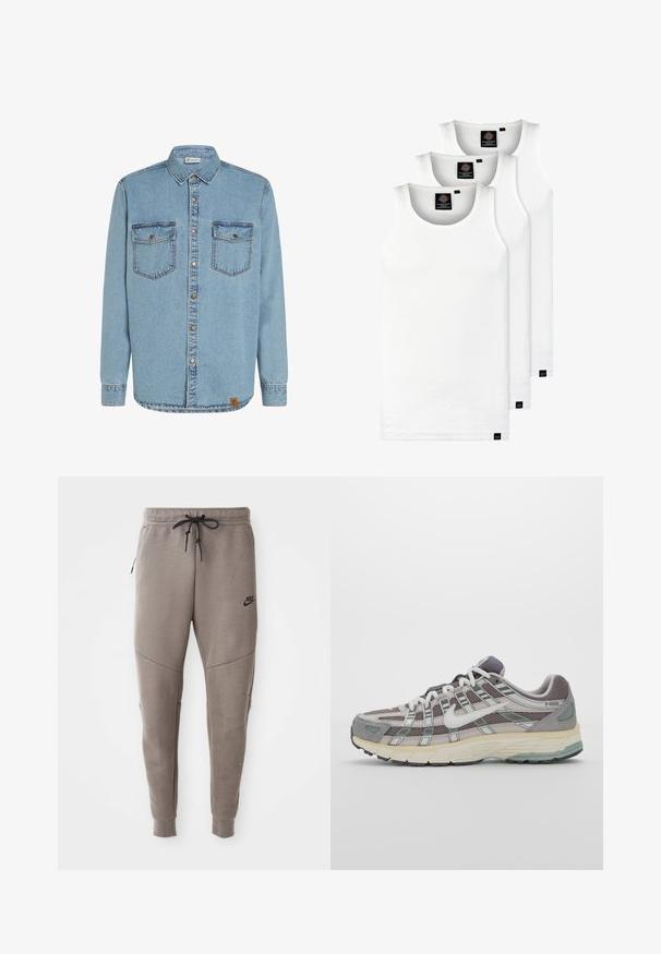 Camisa de mezclilla azul claro con mangas largas, cierre de botones al frente, dos bolsillos en el pecho y costuras en contraste. Presenta una etiqueta de logo tejida en el dobladillo.; Tres camisetas sin mangas de algodón de color blanco con canalé. Cuentan con cuello redondo y pequeñas etiquetas negras cerca del dobladillo. Disponibles en múltiples tamaños.; Pantalones de chándal grises de Nike con cintura ajustable, piernas ajustadas, bolsillos laterales y costuras distintivas. Tejido suave y texturizado.; Zapatilla deportiva gris con parte superior de malla y ante, acentos blancos, suela acolchada y un diseño distintivo con elementos reflectantes.