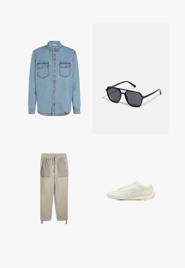 Camicia in denim azzurro chiaro con maniche lunghe, chiusura con bottoni sul davanti, due tasche sul petto e cuciture a contrasto. Presenta un'etichetta con logo intrecciato all'orlo.; Pantaloni beige con vita elastica, coulisse, due grandi tasche anteriori in una tonalità più chiara e cinturini regolabili alle caviglie.; Scarpa sportiva grigia chiara realizzata in suede, caratterizzata da una superficie liscia, punta rotonda, design minimalista, chiusura con lacci e accenti laterali testurizzati.; Occhiali da sole neri con montatura ottagonale, lenti scure, finitura lucida, aste sottili e dettagli dorati sul davanti.