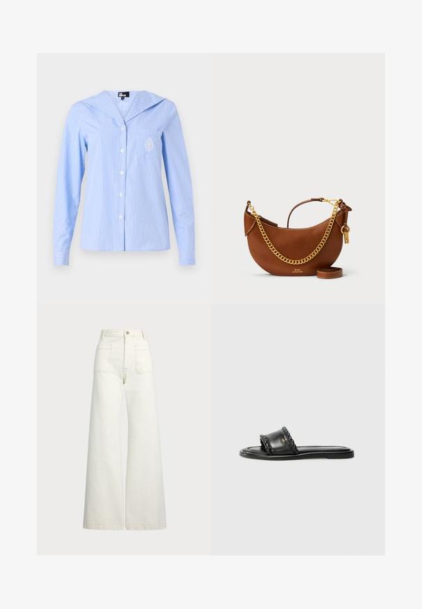 Light blue striped shirt with a sailor collar, long sleeves, front buttons, and a pocket featuring an embroidered detail.; Wide-leg jeans in off-white denim. High-waisted design with a button closure, two front pockets, and contrast stitching details.; Black leather sandal with a woven strap detail, flat sole, and a sleek design. Smooth texture and minimalistic profile.; Brown leather handbag with a curved design, gold chain strap, interior pocket, and a detachable shoulder strap. Features contrasting stitching.