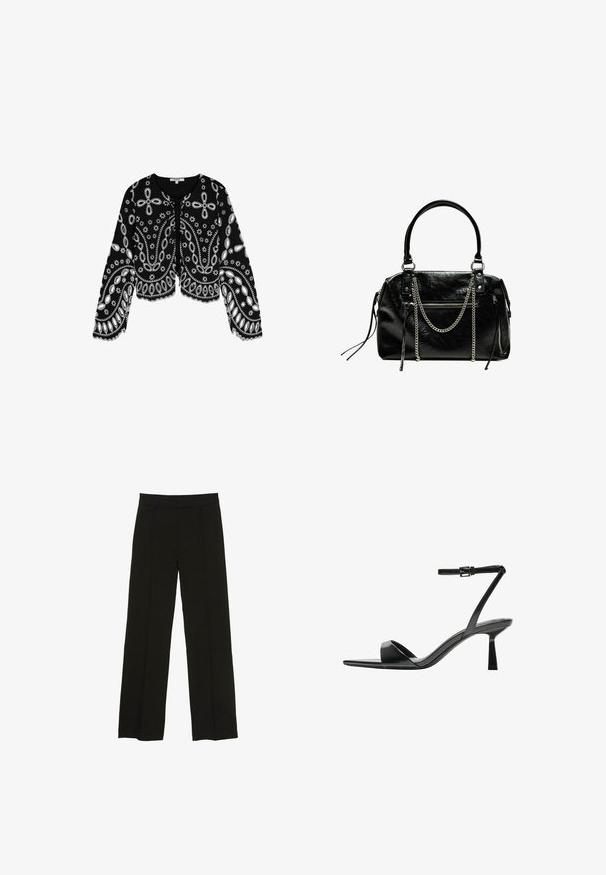 Scalpers Blouse - black; Zwarte wijde pantalon gemaakt van een soepele stof, met een aansluitende tailleband en subtiele plooien aan de voorkant voor extra textuur.; Bershka Sandalen met hoge hak - black; Bershka WITH CHAIN - Handtas - black