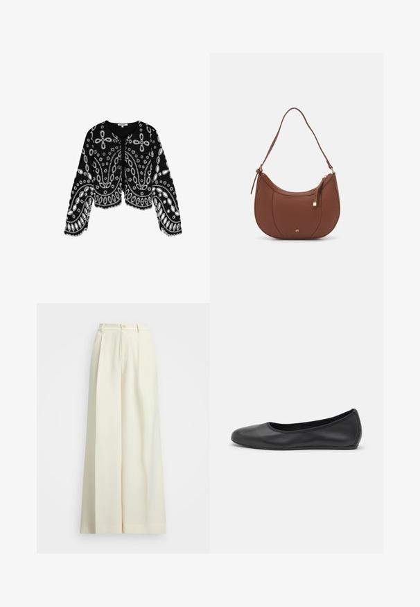 Scalpers Blouse - black; Wide-leg trousers in off-white fabric, featuring a high waist, double pleats, and a button closure. Smooth texture and tailored design.; Black leather ballet flat with a rounded toe, smooth texture, minimal stitching detail, and a flexible sole design.; Brown faux leather shoulder bag with curved shape, minimal stitching, and a gold-tone hardware accent. Features a top zipper closure and adjustable strap.