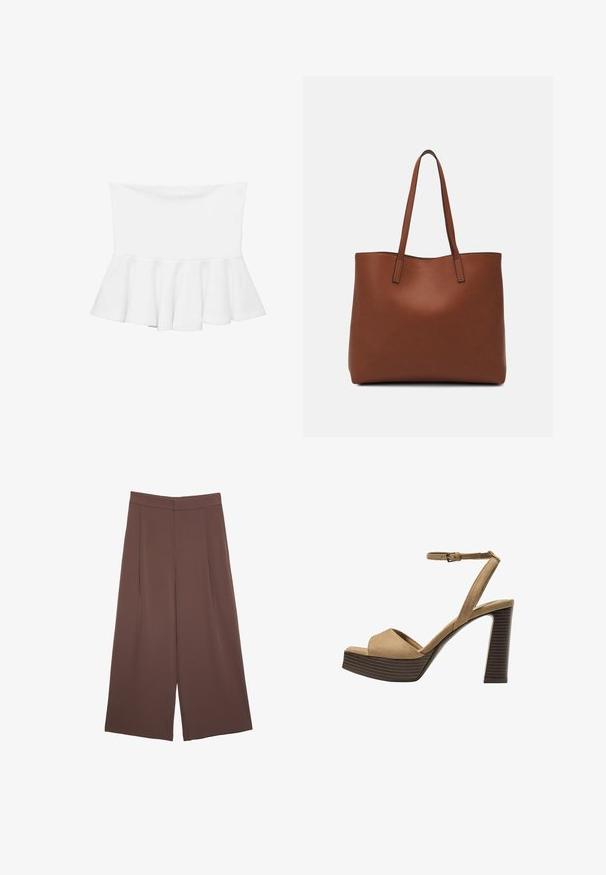 White peplum top with a fitted bodice and flared hem. Smooth, stretchy fabric with no visible patterns or hardware details.; Brown wide-leg trousers with a smooth texture, featuring a high waist and front pleats. The fabric is lightweight and flows loosely.; Beige suede high-heeled sandals with a wide front strap and ankle strap, featuring a chunky wooden block heel with a textured finish.; Brown leather tote bag with a smooth texture, open top design, and two shoulder straps. Features minimal stitching and no visible hardware.