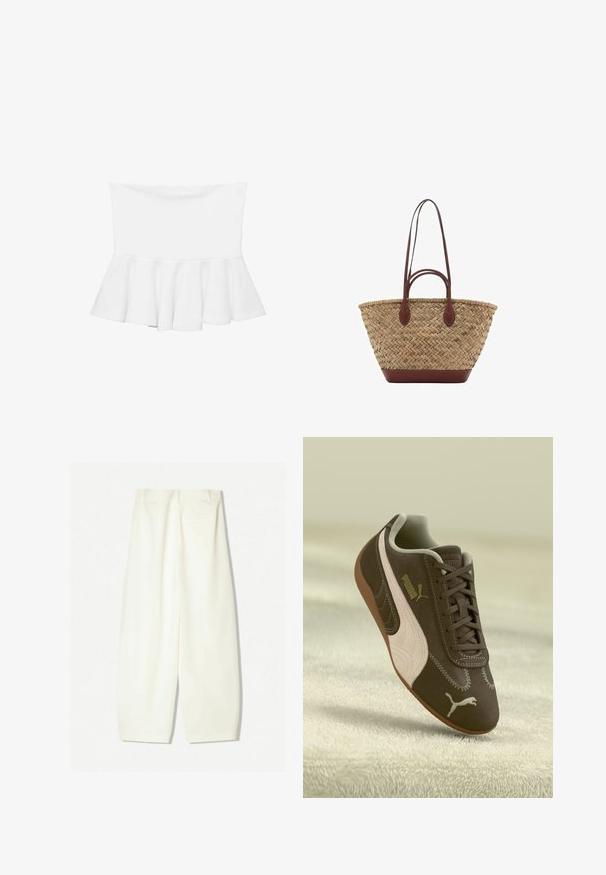 White peplum top with a fitted bodice and flared hem. Smooth, stretchy fabric with no visible patterns or hardware details.; Wide-leg trousers in a soft cream fabric, featuring a smooth texture, front pockets, and a relaxed fit with a mid-rise waistband.; Brown Puma sneaker with beige stripe and logo, laced, resting on a textured beige surface.; Woven straw tote bag with braided texture, dark brown leather handles and base, wide circular shape, and open top design.