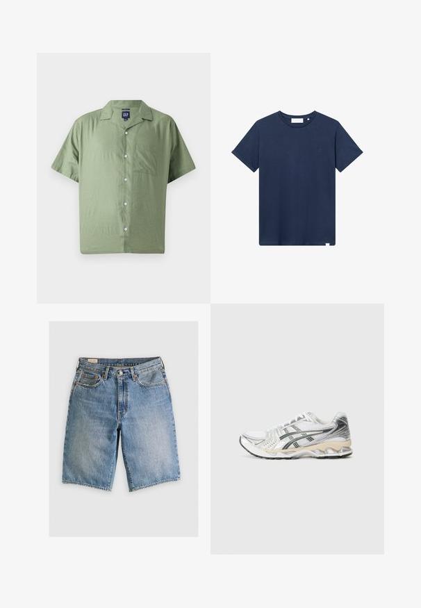 GAP Srajca - twig; Temno modra bombažna majica s krožnim ovratnikom, kratkimi rokavi in majhnim vezenim logotipom na levem prsnem delu. Gladka tekstura.; Jeans kratke hlače v svetlo modri barvi s klasičnim krojem. Imajo pet žepov, oranžne šive in robove brez obdelave.; Bela atletska obuća s srebrnimi in črnimiDetajli, mrežast zgornji del, teksturiran dizajn, oblazinjen podplat in prilagodljiv profil profila.