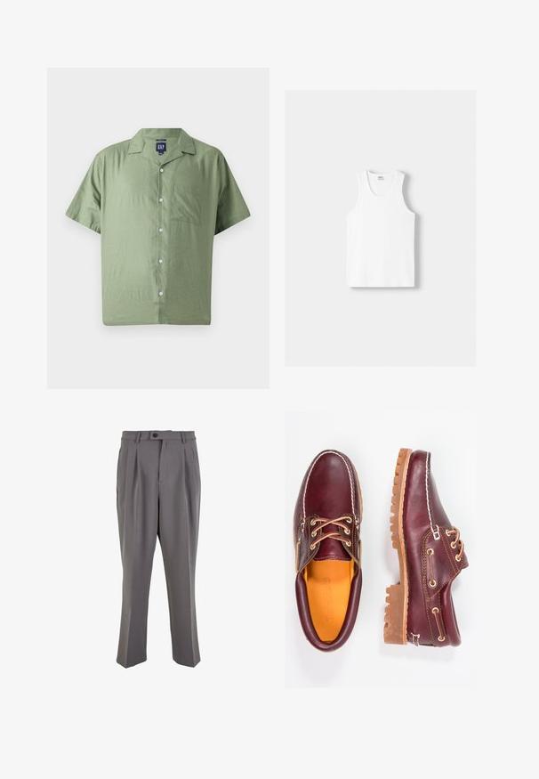 GAP Srajca - twig; Bela bombažna majica brez rokavov z okroglo izrezom, širokimi naramnicami in ravnim robom, ki se ponaša z gladko teksturo in brez vidnih vzorcev.; Sive plisirane hlače iz gladkega materiala, s pravim krojem, enim gumbom za zapiranje in zankami za pas. Minimalističen dizajn.; Burgundske usnjene čevlje z rjavimi gumijastimi podplati, okrogla kapica, beli šivi in zlate luknje za vezalke. Notranjost je obložena s rumeno podlogo.