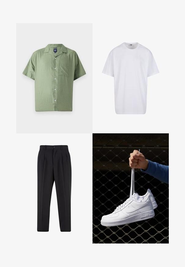 GAP Marškiniai - twig; Balta medvilninė marškinėlių užsagėlė su trumpomis rankovėmis, apvaliu kaklu, laisva forma ir be matomų logotipų ar raštų. Lygi tekstūra ir minimalus dizainas.; Juodi kelnių su raukšlėtu priekiu dizainu, pagaminti iš lygaus audinio. Su mygtuko užsegimu ir diržo kilpomis; tiesios kojų formos.; Balti odiniai sportiniai bateliai su perforacijomis, apvalia nosimi, plokščiu padu ir storomis raištelėmis, su matomu swoosh logotipu ir "AIR" ant kulno.