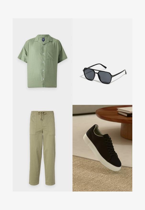 GAP Pluus - twig; Kerged oliivrohelised püksid, mis on valmistatud puuvilla segakangast, elastse vöökoha ja nööriga, ning kahel suurel küljeosal.; Mustad musta tossuga valge tallaga, mis hõljub beeži tekstuuriga vaiba kohal, ümaral puidust laual, mille peal on kokku virnastatud raamatud.; Mustad mustad prillid oktaalpäistega, tumedad läätsed, läikiv viimistlus, õhukesed templid ja kuldsed aktsendid ees.