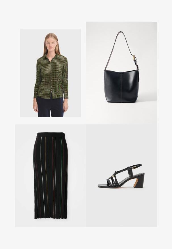 Long-sleeve button-up shirt featuring a geometric pattern in green and brown, with a collared neckline and subtle texture.; Black pleated skirt with vertical stripes in yellow, orange, red, green, and white. Features a fitted waistband and a slightly uneven hem.; Paul Smith AMIRA - Classic heels - black; Black leather shoulder bag with a smooth texture, featuring a thin, long strap and a subtle stitched detail down the center.