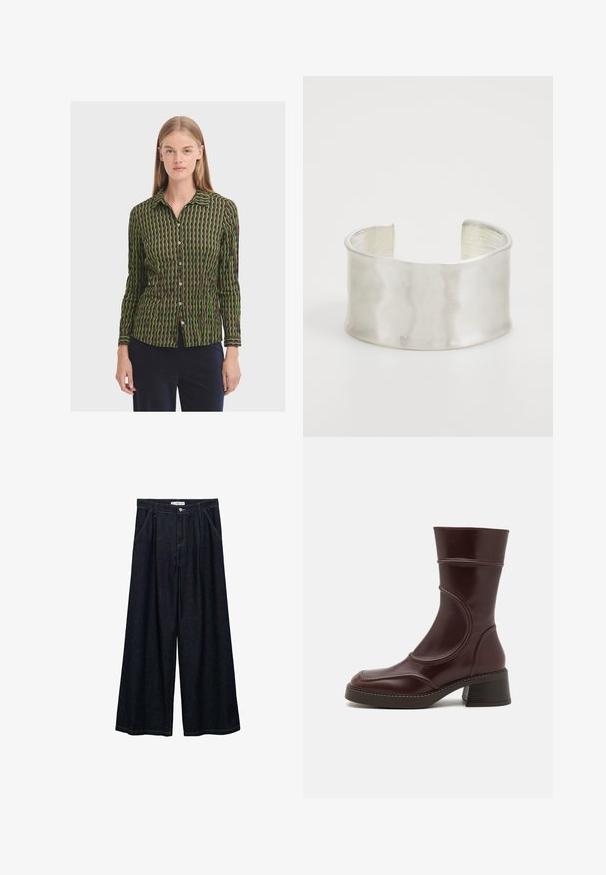 Košeľa s dlhým rukávom a gombíkmi, ktorá sa vyznačuje geometrickým vzorom v zelenej a hnedej farbe, s golierom a jemnou textúrou.; Svetlo béžový krátky rukáv sveter s pripojeným detailom šálu, ktorý je voľne obviazaný okolo krku.; Tmavé denim široké nohavice s vysokým pásom, vybavené predným zapínaním na gombík, dvoma bočnými vreckami a detailmi šitia.; MIISTA MALENE - Klasické členkové čižmy - brown; Zign Náramok - silver-coloured