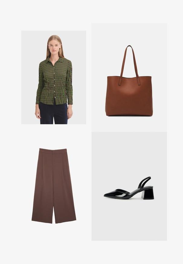 Košile s dlouhým rukávem s geometrickým vzorem v zelené a hnědé barvě, s límečkem a jemnou strukturou.; Hnědé široké kalhoty s hladkou texturou, vysokým pasem a předními záhyby. Materiál je lehký a volně splývá.; Černé lakované kožené lodičky na pásku s špičatou špičkou a geometrickým blokovým podpatkem. Vyznačují se elegantním, minimalistickým designem a hladkým povrchem.; Hnědá kožená taška přes rameno s hladkou texturou, otevřeným designem a dvěma ramenními popruhy. Obsahuje minimální švy a žádné viditelné kovové prvky.
