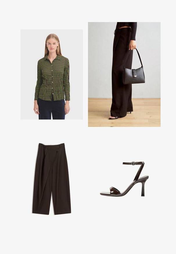 Camicia a maniche lunghe con bottoni caratterizzata da un motivo geometrico verde e marrone, con colletto e una sottile texture.; Pantaloni a gamba larga marrone scuro con vita alta, dotati di una chiusura con bottone singolo e una parte anteriore plissettata. Realizzati in tessuto leggero.; Sandalini con tacco alto in pelle verniciata marrone, con cinturino alla caviglia, punta aperta e un design elegante e minimalista. Presentano un tacco quadrato.; Borsa nera con forma strutturata, texture liscia e una chiusura metallica. Abbinata a pantaloni neri larghi e sandali open-toe su un pavimento in legno.