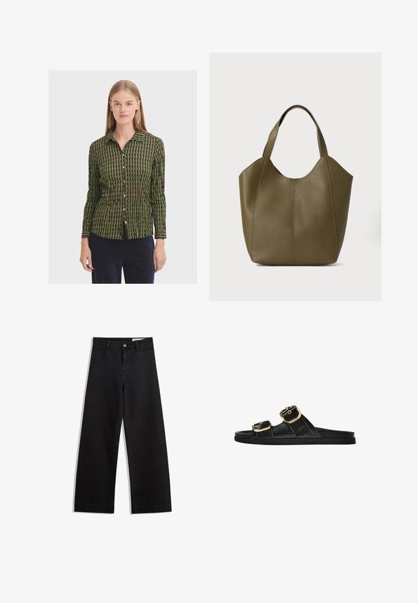 Košeľa s dlhým rukávom a gombíkmi, ktorá sa vyznačuje geometrickým vzorom v zelenej a hnedej farbe, s golierom a jemnou textúrou.; Čierne denimové nohavice s širokými nohavicami a vysokým pásom, so prednými a zadnými vreckami, šitými švami a zapínaním na gombík. Hladká textúra.; Čierne šľapky s dvoma zlatými prackami, hladký textúrovaný materiál, plochá podrážka a minimalistický dizajn.; Olivezelená kožená taška cez rameno s dvojitými popruhmi, hladkou textúrou a dizajnom zo štyroch panelov. Zosilnené švy pozdĺž švov pre zvýšenú odolnosť.