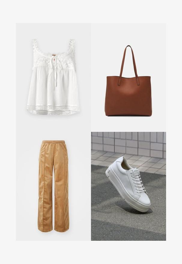 Balta bez piedurknēm topa ar mežģīnēm ap kakla izgriezumu un siksnām, priekšējā sasienamā aizdare un mežģīņu apdare ap apakšmalu. Viegls audums.; Gaiši brūnas platās kājas bikses, kas izgatavotas no mīksta, samtaina materiāla. Iezīmēta ar elastīgu jostu un vertikālām šuvēm gar priekšpusi, lai pievienotu papildu detaļas.; Baltas ādas sporta apavi ar zemu augšanas dizainu, plakaniem šņorēm, noapaļotu purngalu un teksturētām malām. Bieza gumijas zole ar smalkām akcentiem.; Brūna ādas iepirkumu soma ar gludu tekstūru, atvērta augšdaļa un divas plecu siksnas. Izceļas ar minimālām šuvēm un redzamu aparatūru nav.