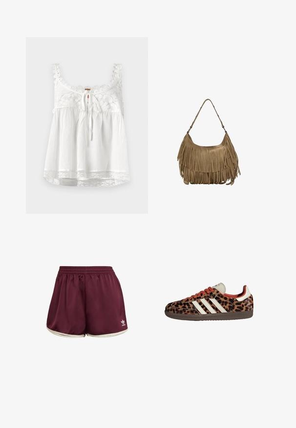 Witte mouwloze top met kantdetails op de halslijn en bandjes, sluiting met strik aan de voorkant en kantafwerking aan de onderrand. Lichtgewicht stof.; adidas Originals SPRINTER - Shorts - maroon cream white; Leopardprint sneakers van suède met rode veters en drie witte strepen aan de zijkant. Bevat een crèmekleurige tong en een bruine zool.; Bruine suède handtas met lange franjes, een gebogen vorm en een enkele schouderband. Heeft een gladde, gestructureerde oppervlakte.