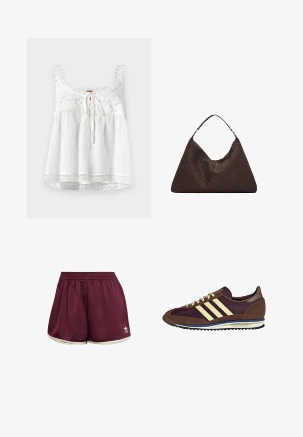 Bílý bezramínkový top s krajkovými detaily na výstřihu a ramínkách, s předním uvázáním a krajkovým lemem na spodním okraji. Lehká tkanina.; adidas Originals SPRINTER - Šortky - maroon cream white; Hnědé a burgundské tenisky z semiše a síťoviny, s třemi krémovými pruhy, texturovaným materiálem na jazyku a gumovou podrážkou.; Hnědá pletená kožená kabelka s uvolněným trojúhelníkovým tvarem. Disponuje spleteným uchem a zipovým uzavíráním na vrchu.