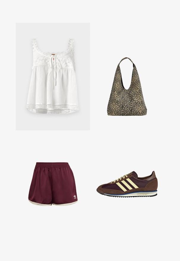 Biely bezrukávový top s čipkovými detailmi na dekolte a ramienkach, predné šnurovanie a čipkový lem na spodku. Ľahký materiál.; adidas Originals SPRINTER - Šortky - maroon cream white; Hnedé a bordové tenisky z semišu a sieťoviny, s tromi krémovými pruhmi, textúrovanou tkaninou na jazyku a gumovou podrážkou.; PULL&BEAR Veľká kabelka - mottled dark brown