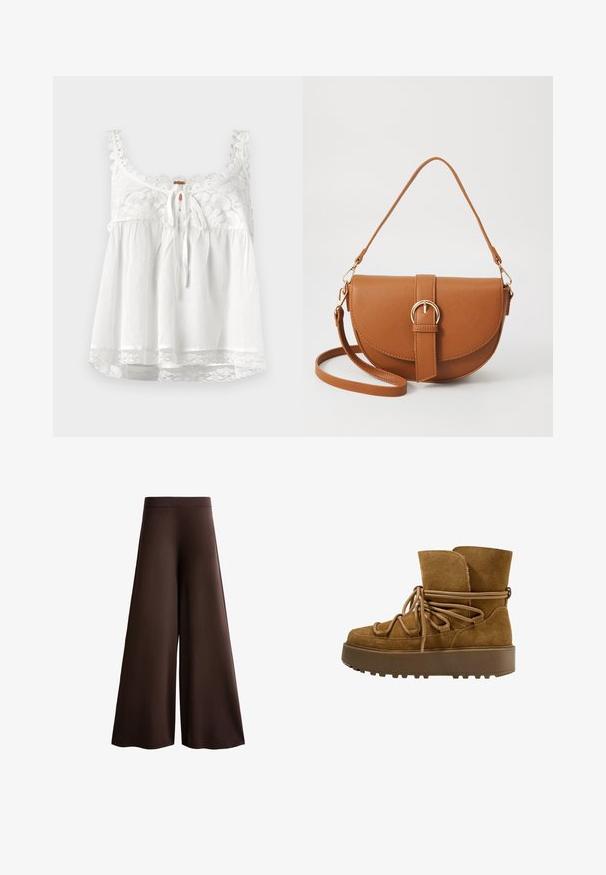 Fehér ujjatlan felső csipke díszítéssel a nyakrészen és a pántokon, elöl megkötős záródással és csipke díszítéssel az alján. Könnyű anyag.; Barna, bőszárú nadrág, puha anyagból, magas derékkal, finom textúrával, folyékony sziluettel, látható zárak vagy díszítés nélkül.; Barna nubuk bokacsizmák vastag, textúrált platformtal és fűzős elejével. Állítható felső része és díszes zsinór részletei vannak.; Barna bőr keresztbody táska ívelt formával, aranyszínű fémrészekkel és csat díszítéssel. Levehető vállpánttal rendelkezik.