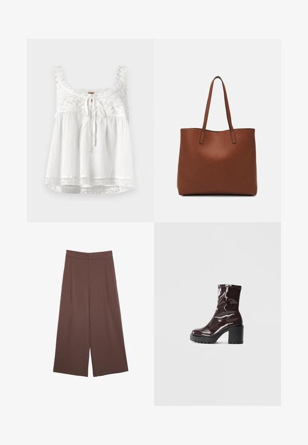 Top bianco senza maniche con dettagli in pizzo sul colletto e sulle spalline, chiusura anteriore con fiocco e rifinitura in pizzo all'orlo. Tessuto leggero.; Pantaloni ampi marroni con una texture liscia, caratterizzati da una vita alta e pieghe frontali. Il tessuto è leggero e scorre liberamente.; Stivale alla caviglia bordeaux lucido con un tacco spesso nero, caratterizzato da una superficie liscia e un design semplice. Nessuna chiusura visibile o motivo.; Borsa tote in pelle marrone con texture liscia, design con apertura superiore e due spallacci. Presenta cuciture minime e nessun hardware visibile.
