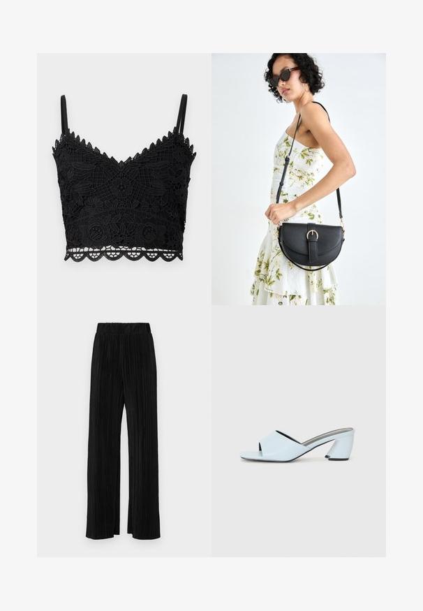 Bralette preto em rendas com padrão floral, bordas assimétricas, alças ajustáveis e tecido texturizado. Design leve e ajustado.; Calças pregueadas pretas com uma cintura elástica. Apresentam pernas largas e um tecido liso, texturizado com riscas verticais.; Mules de salto aberto de cor azul clara com um design geométrico, apresentando uma faixa larga sobre o pé e um salto chunky e angular.; Bolsa de couro preta com forma curva, alça destacável e detalhes em dourado. A bolsa possui uma aba com detalhe de fivela.