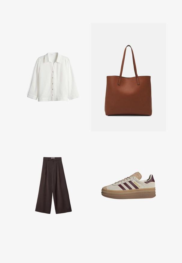 White button-up shirt made of lightweight fabric with a textured finish. Features a collar, long sleeves, and six button closures down the front.; Black wide-leg trousers with a high waist, featuring front pleats and a button closure at the waist, made from smooth fabric.; Beige suede sneakers with maroon stripes, white accents, a chunky translucent sole, and raised branding on the side. Laced design.; Brown leather tote bag with a smooth texture, open top design, and two shoulder straps. Features minimal stitching and no visible hardware.