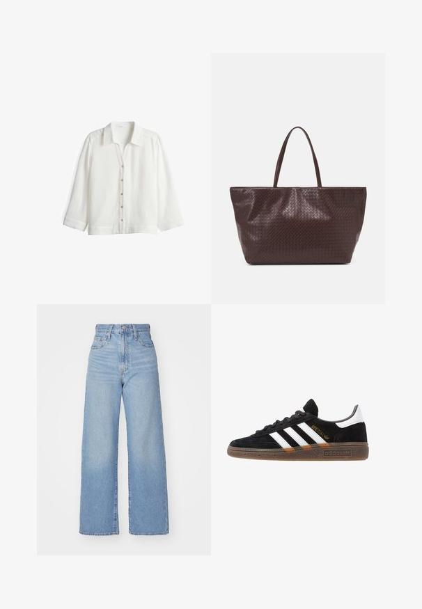 White button-up shirt made of lightweight fabric with a textured finish. Features a collar, long sleeves, and six button closures down the front.; Light blue high-waist wide-leg jeans with front button and zip closure, front and back pockets, on a white background.; Black Adidas sneaker with white stripes, gold "Spezial" text, gum sole, and white heel tab, shown in profile view.; Brown woven leather tote bag with two handles, a structured shape, and a textured surface, featuring a diamond pattern throughout.