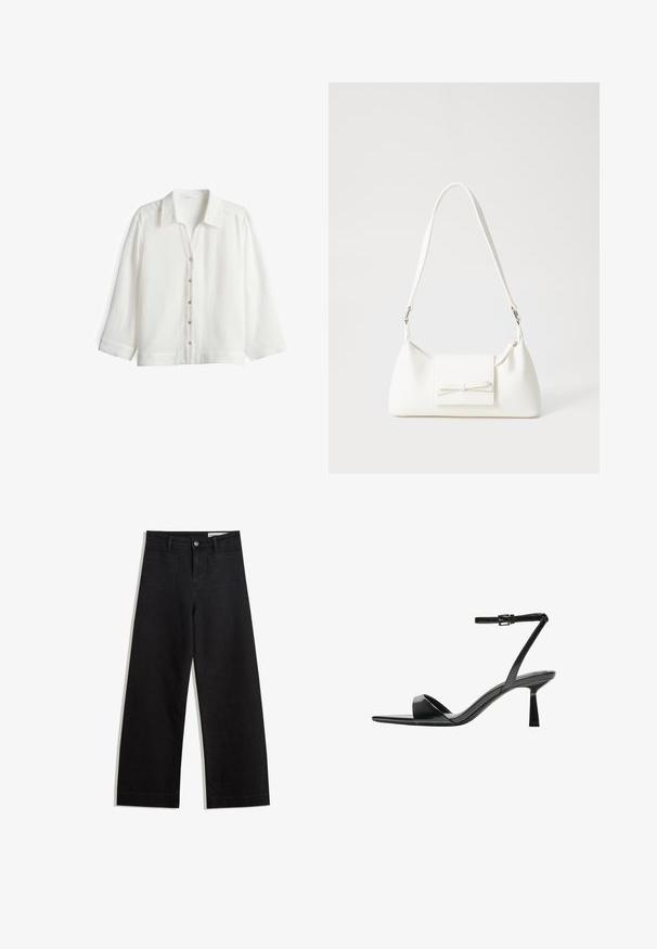 Camicia bianca con bottoni realizzata in tessuto leggero con finitura testurizzata. Presenta un colletto, maniche lunghe e sei chiusure a bottone sul davanti.; Pantaloni in denim neri a gamba larga con vita alta, dotati di tasche anteriori e posteriori, cuciture a punto, e chiusura con bottone. Texture liscia.; Bershka Sandali con tacco - black; Borsa sintetica bianca a forma triangolare, con patta anteriore piatta e dettaglio a fiocco, tracolla regolabile, texture liscia e design minimalista.