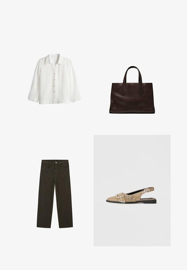 White button-up shirt made of lightweight fabric with a textured finish. Features a collar, long sleeves, and six button closures down the front.; Dark green wide-leg jeans made of cotton blend, featuring a front button closure, five pockets, and classic denim stitching.; Beige patent slingback shoes with a pointed toe, two adjustable buckles, and a low black heel. Smooth texture with a glossy finish.; Brown leather tote bag with two elongated handles, structured rectangular shape, smooth texture, and subtle stitching details.