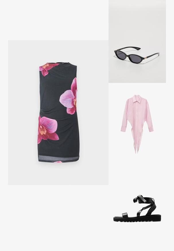 Pink long-sleeve shirt with a pointed hem, button-down front, and classic collar. Lightweight, sheer fabric with a smooth texture.; Black sleeveless dress featuring large pink orchid prints, smooth texture, fitted design with gathered detail on the side, knee length.; Black sandals with a textured sole, featuring slender straps and a knotted design. Made of sleek material, modern shape, and open toe.; Black sunglasses with oval lenses, dark gradient tint, and slim arms featuring subtle gold accents. Smooth plastic finish.; Gray oversized hoodie with a kangaroo pocket, paired with a navy flared skirt. Accessory: large light yellow backpack, smooth texture.