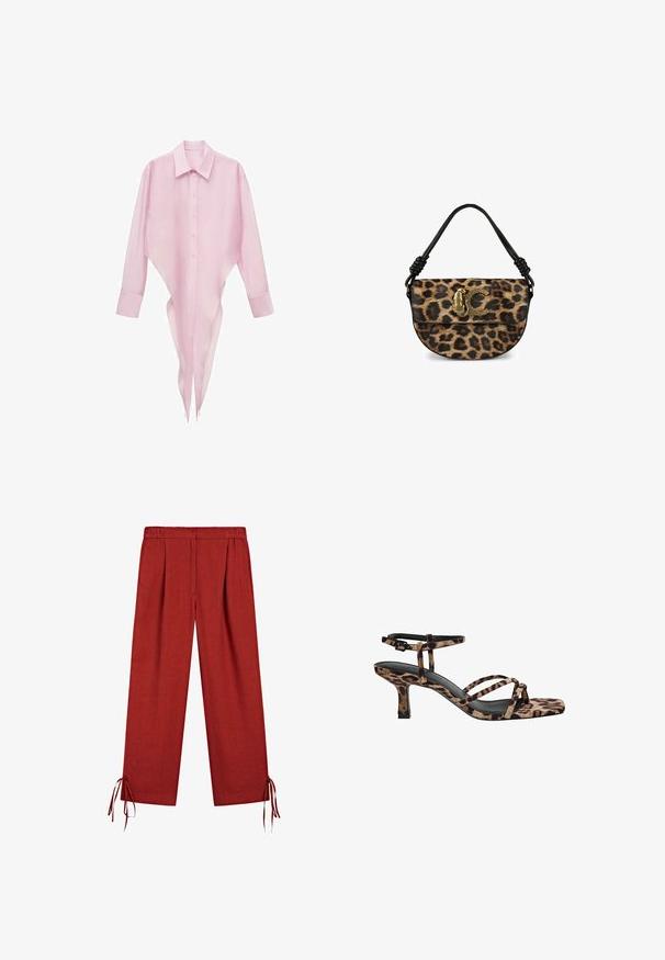 Camicia rosa a maniche lunghe con orlo appuntito, chiusura frontale con bottoni e colletto classico. Tessuto leggero e trasparente con una consistenza liscia.; Pantaloni larghi rossi con vita elastica e lacci alle orli, realizzati in tessuto leggero.; Sandali con tacco in stampa leopardata, con punta quadrata, multiple cinghie e un tacco di altezza media. Realizzati in morbido materiale tessile.; Borsa con motivo leopardato, manico in pelle nera, con dettaglio del logo in tonalità oro. Tessuto testurizzato e forma arrotondata.