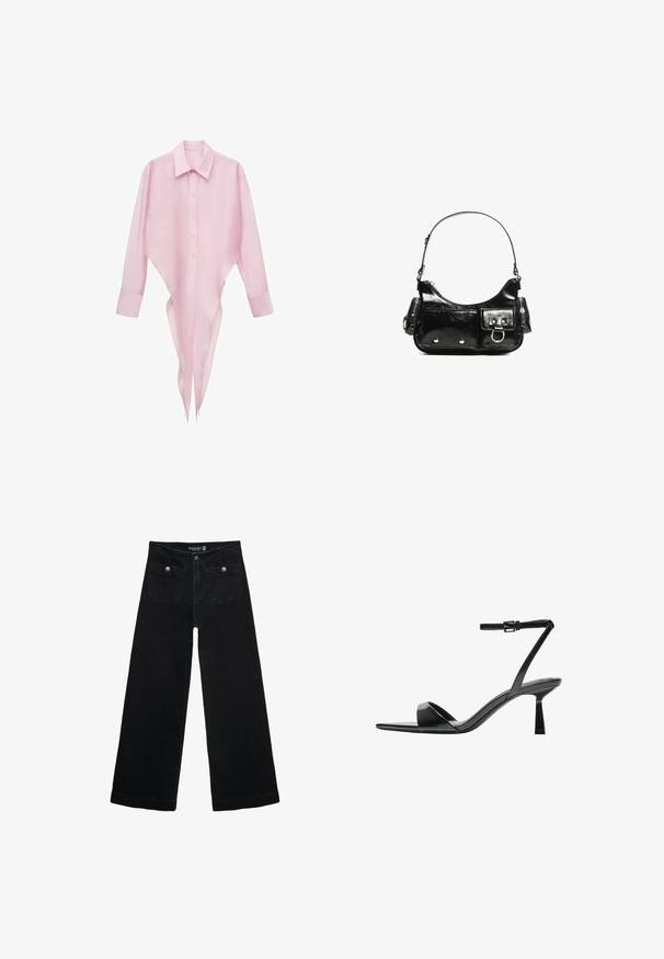 Ružová dlhá košeľa s ostrým lemom, zapínaním na gombíky a klasickým golierom. Ľahký, priesvitný materiál s hladkou textúrou.; Čierne široké nohavice s vysokým pásom, s dvoma prednými vreckami a kovovými detailmi na gombíku. Tkanina má hladkú textúru.; Bershka Sandále na vysokom opätku - black; Čierna laková kožená kabelka s ohnutým tvarom, jedným ramenným popruhom, prednými vreckami a striebornými kovovými doplnkami.