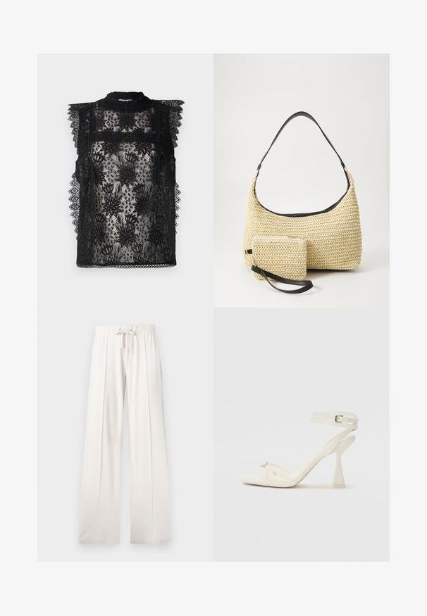 Melna mežģīņu blūze ar ziedu rakstiem, augsta kakla izgriezums un viļņotas plecu akcenti. Caurspīdīga tekstūra ar sarežģītu apdari malās.; Gai krēmo krāsas sporta bikses, kas izgatavotas no mīksta auduma, ar auklu jostu, platām kājām un vertikālajām šuvēm, ar gludu tekstūru.; Balti ādas striķu augstpapēžu sandales ar elegantu dizainu, caurspīdīgu blokveida papēdi un dekoratīvu elementu pirksta daļā.; Auduma salmu rokassoma ar izliekta siluetu, kas ir aprīkota ar gludu melnu ādas rokturi un atbilstošu mazu maciņu, kas piestiprināts pie plaukstas siksniņas.