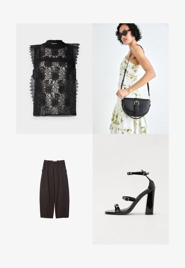 Svart spetsblus med blommönster, hög halsringning och volanger vid axlarna. Genomskinlig textur med intrikata detaljer längs kanterna.; Svarta vida byxor i ett mjukt tyg, med hög midja, framfickor och sidofickor. Enkel design utan utsmyckningar.; Svarta lackerade klacksandaler med fyrkantig tå, ankelremmar och silverfärgade spännen. Har en kraftig blockklack för stabilitet.; Svart läderhandväska med en böjd form, avtagbar rem och guldiga detaljer. Väskan har ett lock med en spänndetalj.