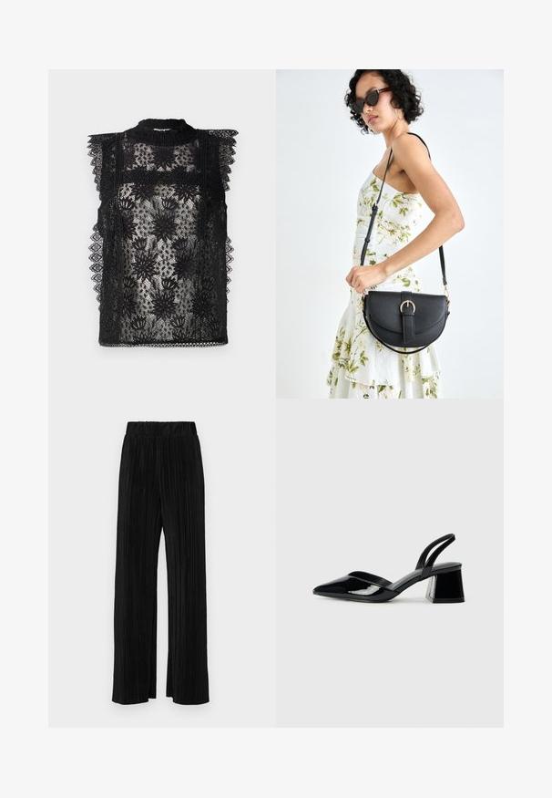 Svart spetsblus med blommönster, hög halsringning och volanger vid axlarna. Genomskinlig textur med intrikata detaljer längs kanterna.; Svarta plisserade byxor med resårmidja. Har vida ben och ett mjukt, texturerat material med vertikala ränder.; Svarta lackläder slingback klackar med spetsig tå och geometrisk klack. Har en elegant, minimalistisk design och slät yta.; Svart läderhandväska med en böjd form, avtagbar rem och guldiga detaljer. Väskan har ett lock med en spänndetalj.