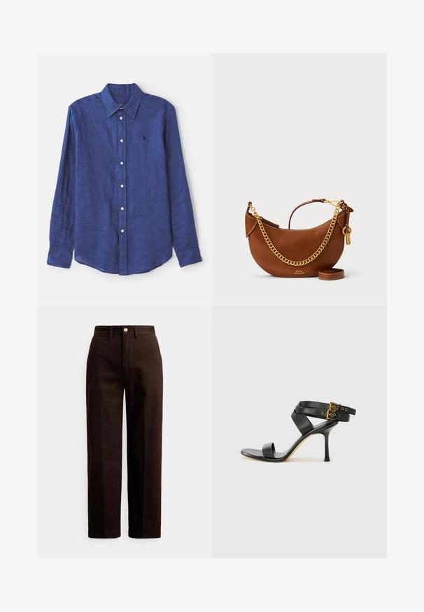 Mėlynas lininis marškinėlių ilgomis rankovėmis, su mygtukais. Su apykakle, norma iškirpte ir mažu logotipu ant krūtinės.; Tamsiai rudos tiesios kelnės su sagos ir užtrauktuko užsegimu, diržo kilpomis ir priekinių kišenių detale ant balto fono.; Juodi kulniškų sandalai su kryžminėmis juostelėmis ir reguliuojamu sagtimi. Ypatybė – lygus paviršius ir siauras smailas kulnas.; Ruda odinė rankinė su kreiviu dizainu, auksinės grandinėlės dirželiu, vidiniu kišeniu ir nuimamu peties dirželiu. Yra kontrastingų siūlių.