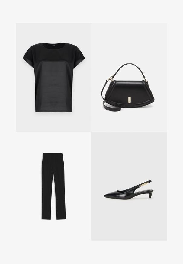 Black T-shirt made of smooth fabric, featuring a round neckline and short, rolled sleeves. Simple design with no patterns or embellishments.; Black tailored trousers with a straight-leg design, featuring front pockets and a smooth, textured fabric. Neat, minimal detailing.; Black leather slingback heels with a pointed toe, featuring a slim heel and a gold-tone accent on the adjustable strap. Smooth texture.; Black leather handbag with a structured design, featuring a cropped shape, top handle, and gold hardware accent. Adjustable shoulder strap included.