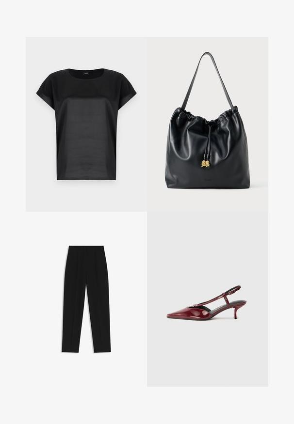 Schwarzes T-Shirt aus glattem Stoff, mit Rundhalsausschnitt und kurzen, umgeschlagenen Ärmeln. Einfaches Design ohne Muster oder Verzierungen.; Schwarze Hose mit geradem Schnitt, doppelten Falten, einer glatten Textur und einem klassischen Bunddesign. Keine sichtbaren Beschläge oder Akzente.; Glänzende burgunderfarbene Leder-Slingback-Pumps mit spitzem Zehenbereich und T-Riemen sowie silberner Schnalle auf weißem Hintergrund.; Schwarze Lederzugtasche mit glatter Oberfläche, gerafftem oberen Teil und dezenten goldenen Hardware. Sie verfügt über einen stabilen Schulterriemen und ein geprägtetes Logo.