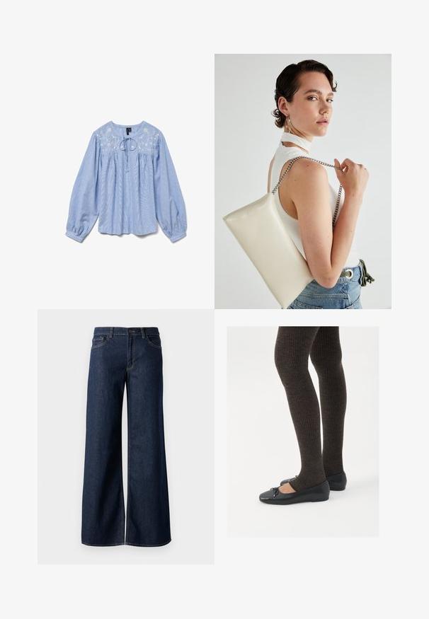 Šviesiai mėlyna bluzė su išsiuvinėtais gėlių motyvais, ilgomis balloon tipo rankovėmis, apvaliu iškirpimu ir kaklo raiščiu, tekstūruotas audinys.; Plati kojinės džinsai tamsiai mėlynos džinsinės medžiagos. Yra kontrastingas siuvimo ornamentas, penkios kišenės ir užsegimas mygtuku juosmenyje. Lygus paviršius.; Juodos plokščios bateliai su maža kaspinėlio detale prie pirštų, derinami su tamsiai rudos spalvos raukšlėtomis pėdkelnėmis. Bateliai turi lygų paviršių ir žemą profilį.; Balta, stačiakampio formos rankinė pagaminta iš blizgaus medžiagos, su sidabriniu virvute. Modelis pozavo, demonstruodamas rankinę prieš paprastą foną.