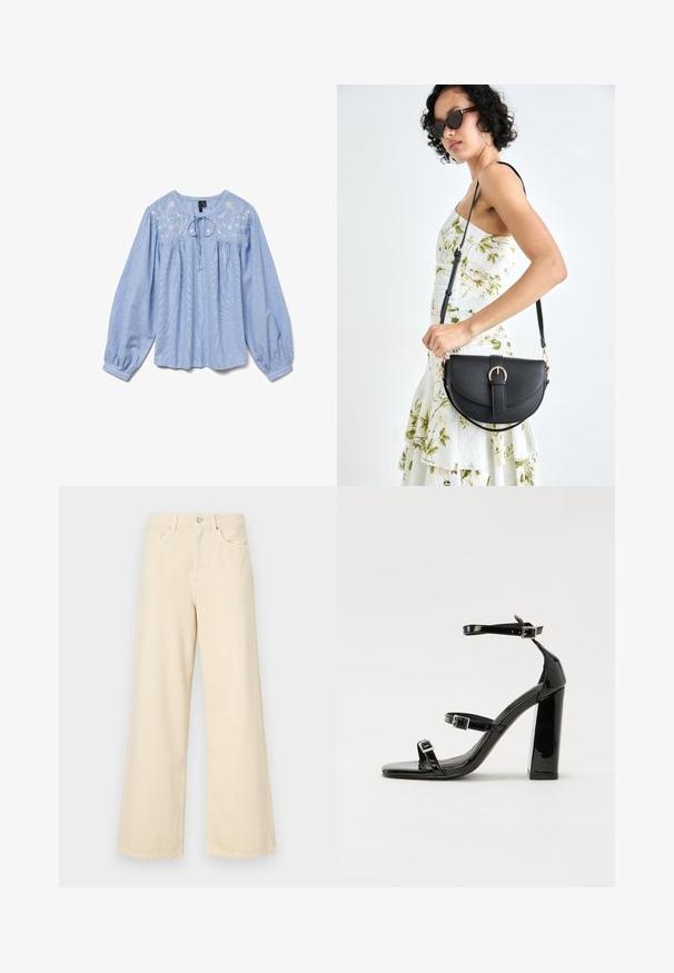 Šviesiai mėlyna bluzė su išsiuvinėtais gėlių motyvais, ilgomis balloon tipo rankovėmis, apvaliu iškirpimu ir kaklo raiščiu, tekstūruotas audinys.; Bežinės plačios kojos džinsai, pagaminti iš medvilnės. Turintys sagos uždarymą, diržo kilpas ir priekinės kišenes su lygia, švelnia tekstūra.; Juoda blizgi lakuota basutė su kvadratiniu pirštu, kulkšnies dirželiais ir sidabro sagtimis. Yra tvirta blokinė kulno konstrukcija, užtikrinanti stabilumą.; Juodas odinis krepšys su išlenkta forma, nuimamu dirželiu ir auksiniais detalėmis. Krepšys turi kilpą su sagtimi.