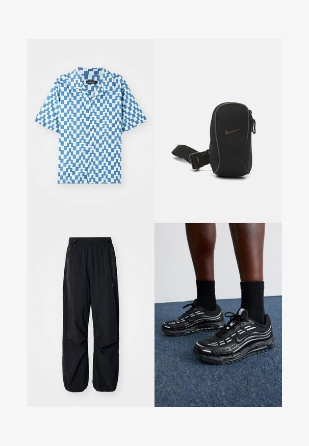 Kreklu ar īsām piedurknēm zilās krāsās ar ģeometrisku zigzaga rakstu, izgatavots no viegla auduma. Iekļauj klasisku apkakli un regulāru piegriezumu.; Melnas vieglas kravas bikses ar elastīgu jostu, sānu rāvējslēdzējiem un plašām kabatām. Izaicinājumu veido brīvi pieguļoša piegriezne un sašaurināti aproces.; Melni Nike apavi ar sietveida augšdaļu, akcentējošām svītrām, teksturētām šņorēm un melnu gumijas zoli. Valkāti ar melniem ribota auduma zeķēm.; Melnā Nike soma ar rāvējslēdzēju, teksturēta auduma, ar brūnām akcentiem un noņemamu siksnu. Priekšpusē ir izcelta Nike logo.