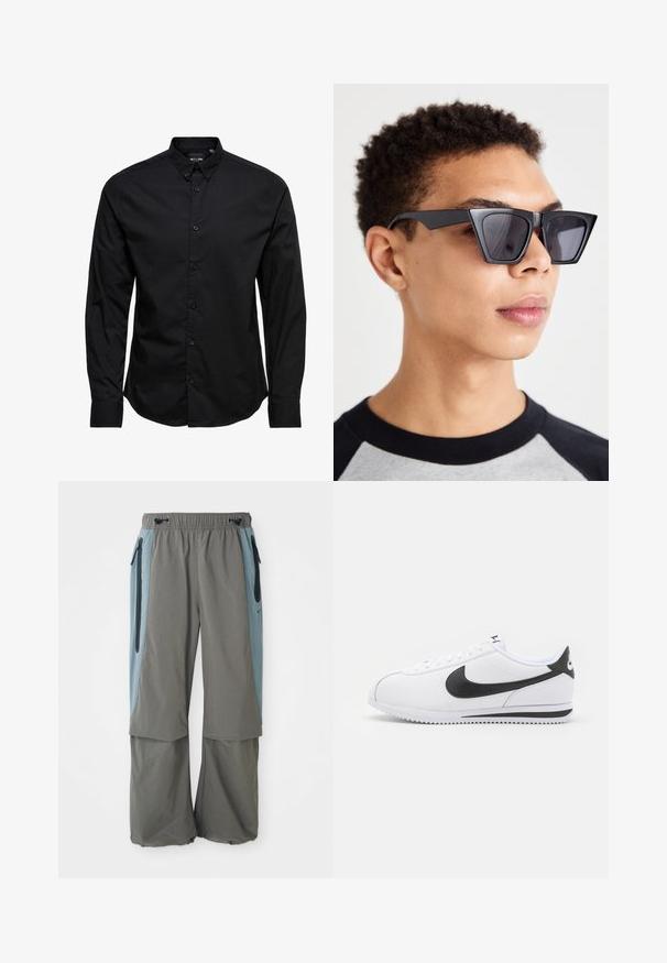 Fekete, hosszú ujjú, gombos ing, pamutból készült. Klasszikus gallérral, elülső gombokkal és egyenes szegéllyel rendelkezik, minták vagy díszítések nélkül.; Szürke, széles szárú kültéri nadrág, sötétkék oldalsó betétekkel és cipzáras zsebekkel. Könnyű, lélegző anyagból készült.; Fehér bőr sportcipők fekete Nike swoosh-szal, lapos fűzős rögzítéssel és texturált gumitalppal. Lekerekített orr és párnázott boka rész a kényelem érdekében.; Fekete, szögletes napszemüveg sötét lencsékkel, merész geometrikus dizájnnal és matt felülettel. Egy rövid hajú személy viseli.; Fehér gyöngy nyaklánc, egységes kerek alakú, sima felületű, fémből készült kapoccsal, állítható hosszúságú meghosszabbító lánccal.