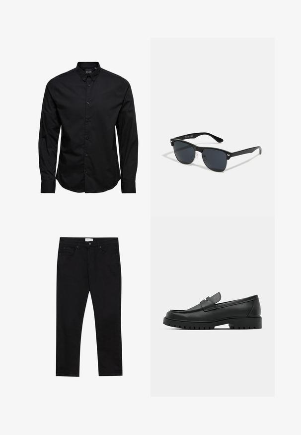 Svart langermet skjorte med knapper laget av bomull. Har en klassisk krage, frontknapper og rett nederkant uten mønstre eller dekorasjoner.; Svarte jeans i denim med rett ben design, med frontlommer, glidelås og tone-i-tone sømmer for et sømløst utseende.; Sorte lærloafere med rund tå, med en syddesign, lav plattformsåle og en teksturert, ruggede gummisåle.; Sorte solbriller med rektangulær form, mørke linser, sølvfargede detaljer ved templene, og en matt finish på rammen.