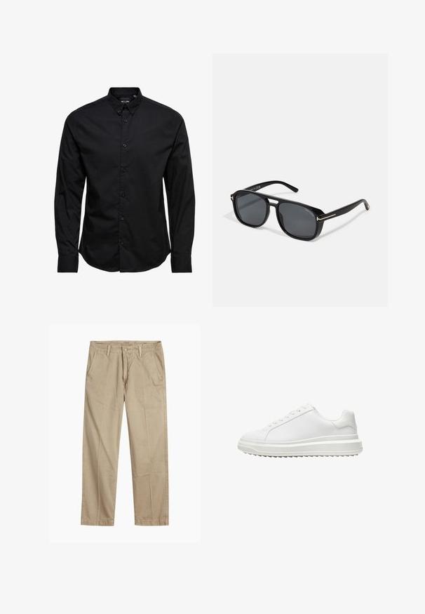 Chemise noire à manches longues avec des boutons, en coton. Elle est dotée d'un col classique, de boutons sur le devant et d'un ourlet droit sans motifs ni embellissements.; Chinos beiges à jambes droites avec passants de ceinture, fermeture par bouton et fermeture éclair à l'avant, et poches avant en biais.; Baskets blanches avec une tige synthétique lisse, bout rond, lacets plats, semelle texturée et un design à plateforme superposée pour plus de hauteur.; Lunettes de soleil noires carrées avec des verres gris, présentant de élégants accents dorés sur les branches et une monture mate pour un look contemporain.