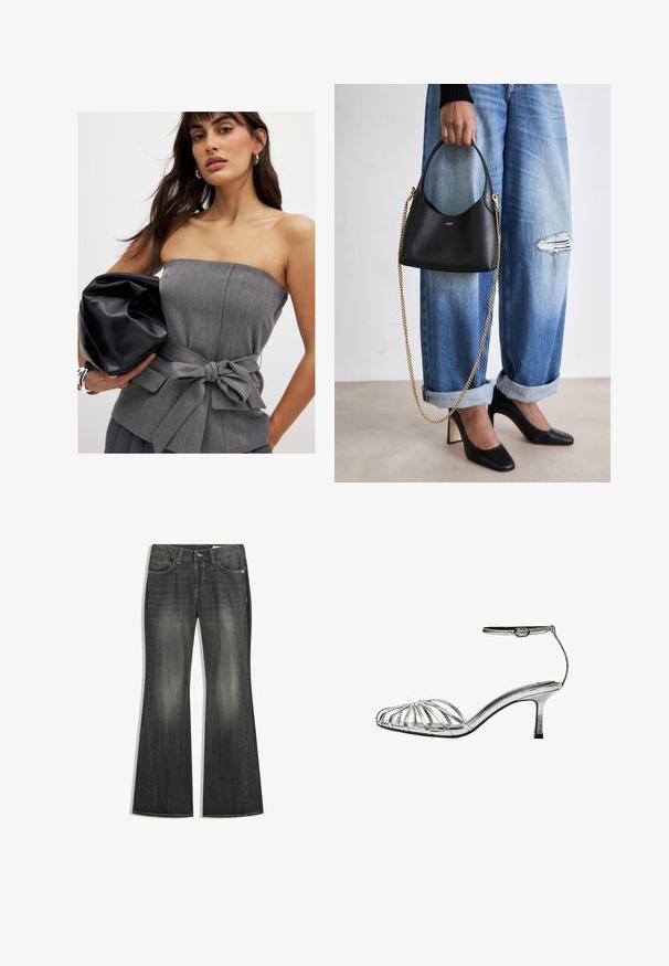 Grijze strapless top met een ceintuur en strikdetail, gecombineerd met een zwarte, gekreukelde leren clutch. Gladde textuur en op maat ontworpen.; Uitlopende spijkerbroek van donker denim met een lichte vervaging, vijf zakken en contraststiksels, voorzien van een standaard knoop- en ritssluiting.; Zilveren, strapless sandaal met een lage hak, voorzien van meerdere kruislings straps, een enkelbandje met een gesp en een gladde, glanzende textuur.; Zwarte leren handtas met een gebogen vorm, korte handgreep en gouden kettingriem. Draag hem bij versleten blauwe denim en zwarte hoge hakken.