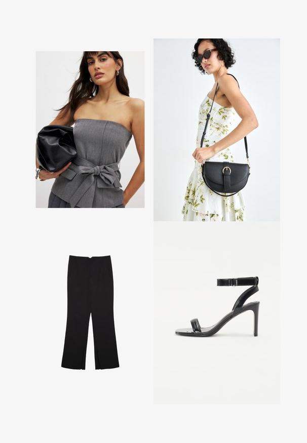 Siv vrh brez naramnic z pasom in detajlom v obliki mašnje, povezan z črno, gubano usnjeno torbico. Gladka tekstura in krojena zasnova.; Črne hlače ravnega kroja z naglavnimi žepi in stranskimi razporki na robu. Narejene iz mehke, gladke tkanine. Primerne za različne priložnosti.; Črne sandale s peto z leskom, ki imajo dve ozki naramnici in naramnico okrog gležnja, postavljene na vitko stiletto peto.; Črna usnjena torbica s ukrivljeno obliko, z odstranljivo naramnico in zlatimi dodatki. Torbica ima pokrov s podrobnostmi v obliki zaponke.