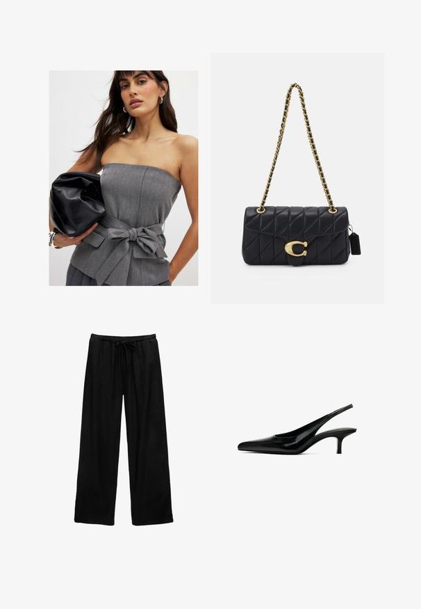 Szary top bez ramiączek z paskiem w talii i detalem w postaci kokardy, w połączeniu z czarną, pogniecioną skórzaną kopertówką. Gładka tekstura i dopasowany krój.; Czarne spodnie wide-leg wykonane z lekkiego materiału, z elastycznym paskiem w talii i detalami w postaci sznurka. Prosty design, bez wzorów i dodatkowych elementów.; Czarne buty slingback z czubkiem w kształcie spiczastym, wykonane z błyszczącej skóry, z cienkim, niskim obcasem. Posiadają wycięcie po bokach dla lepszej wentylacji.; Czarna pikowana torebka na ramię z złotym łańcuszkiem, z charakterystycznym złotym zapięciem i małym tagiem, prezentująca teksturowaną skórzaną powierzchnię.