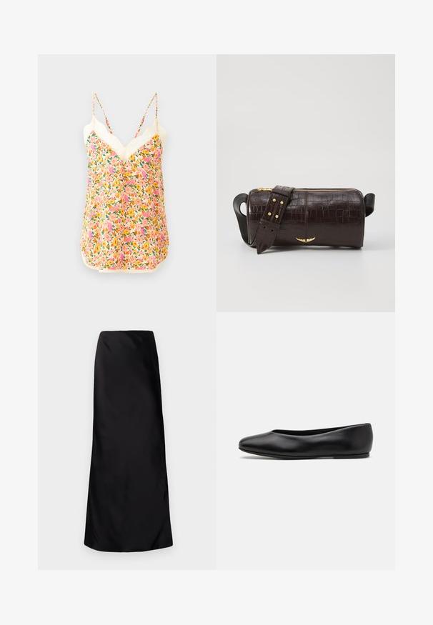 Kukkakuvioinen toppi on varustettu eloisalla pinkin, oranssin ja keltaisen kukkatikapilla, siinä on säädettävät olkaimet ja koristeellinen pitsireunus kaula-aukossa.; Norma Kamali BIAS OBIE SKIRT - Maksihame - black; Paul Smith TOPANGA - Ballerinat - black; Ruskea krokotiilinkuosilla varustettu nahkalaukku, jossa on sylinterimäinen muoto, kultasävyiset yksityiskohdat ja irrotettava hihna, jossa on niittejä.