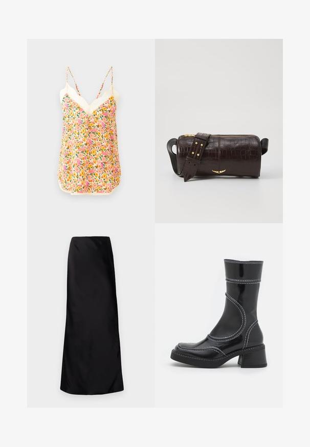 Il top camicia floreale presenta un vivace motivo di fiori rosa, arancioni e gialli, con spalline regolabili e un merletto decorativo al colletto.; Norma Kamali BIAS OBIE SKIRT - Gonna lunga - black; Stivale alla caviglia in pelle verniciata nera con cuciture bianche, punta arrotondata e tacco a blocco. Presenta linee di design curve e una texture liscia.; Borsa in pelle stampata a coccodrillo marrone con forma cilindrica, accessori in tonalità oro e una tracolla staccabile con borchie.